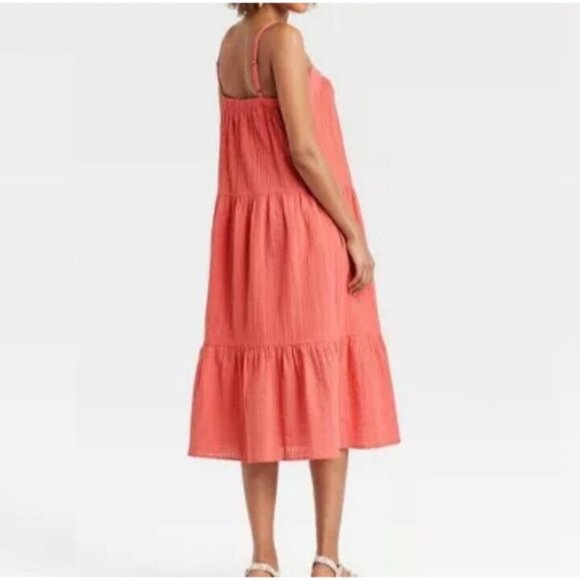 Knox Rose Women's Sz M Sun Dress Tiered Guava Jelly Flowy Midi 100% Cotton NEW - Picture 2 of 4